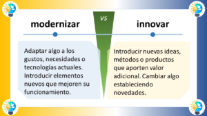 Descripción de los elementos gráficos Formas El diagrama está compuesto por dos rectángulos grandes, uno de color azul claro y otro de color amarillo claro. Los rectángulos están dispuestos uno al lado del otro, con una línea divisoria negra entre ellos. Dentro de cada rectángulo, hay varias formas más pequeñas. En el rectángulo azul claro, hay dos triángulos (uno azul oscuro y otro azul claro) y una flecha negra. En el rectángulo amarillo claro, hay un círculo amarillo oscuro y una flecha negra. En la parte superior del diagrama, hay un cuadro de texto azul oscuro que contiene el título "evolucionar VS innovar". En la parte inferior del diagrama, hay dos cuadros de texto más pequeños, uno azul oscuro y otro amarillo claro. El cuadro de texto azul oscuro contiene la definición de "evolucionar", mientras que el cuadro de texto amarillo claro contiene la definición de "innovar". Colores Los colores principales del diagrama son azul claro, amarillo claro, azul oscuro y amarillo oscuro. El azul claro se utiliza para el fondo del rectángulo izquierdo y para el texto del título. El amarillo claro se utiliza para el fondo del rectángulo derecho y para el texto de las definiciones. El azul oscuro se utiliza para el texto de la definición de "evolucionar" y para los bordes de los cuadros de texto. El amarillo oscuro se utiliza para el texto de la definición de "innovar" y para el círculo del rectángulo amarillo claro. Posiciones El título "evolucionar VS innovar" está situado en la parte superior central del diagrama. Los dos rectángulos grandes están ubicados uno al lado del otro, ocupando la mayor parte del centro del diagrama. El rectángulo azul claro está situado a la izquierda del rectángulo amarillo claro. Las formas más pequeñas dentro de los rectángulos están situadas de forma simétrica. Los dos cuadros de texto pequeños con las definiciones están situados en la parte inferior del diagrama, uno debajo del otro. Descripción del texto Contenido El título del diagrama es "evolucionar VS innovar". El texto de la definición de "evolucionar" dice: "Cambiar o desarrollarse gradualmente hacia un estado más complejo. Progresar a través de adaptaciones sucesivas". El texto de la definición de "innovar" dice: "Introducir nuevas ideas, métodos o productos que aporten valor adicional. Cambiar algo estableciendo novedades". Fuente El texto del título y de las definiciones parece estar escrito en una fuente sans-serif legible. Tamaño El texto del título es el más grande del diagrama. El texto de las definiciones es más pequeño que el texto del título, pero sigue siendo legible. Conclusión El diagrama es una representación visual clara y concisa de las diferencias entre los procesos de evolución e innovación. Los elementos gráficos y el texto se utilizan de forma eficaz para comunicar los conceptos clave de forma clara y precisa. Recomendaciones Se podría mejorar el diagrama añadiendo más ejemplos de procesos de evolución e innovación. También se podría mejorar el diagrama añadiendo más información sobre las implicaciones de los procesos de evolución e innovación. Espero que esta descripción te sea útil. No dudes en consultarme si tienes alguna otra pregunta.