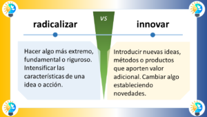 Descripción detallada del esquema, en términos de sus formas, colores, posiciones y contenido del texto: Elementos gráficos Formas: El esquema está compuesto por dos rectángulos grandes, uno de color azul claro y otro de color amarillo claro. Los rectángulos están dispuestos uno al lado del otro, separados por una línea divisoria negra. Dentro de cada rectángulo, hay varias formas más pequeñas. En el rectángulo azul claro, hay dos triángulos (uno azul oscuro y otro azul claro) y una flecha negra que apunta hacia la derecha. En el rectángulo amarillo claro, hay un círculo amarillo oscuro y una flecha negra que apunta hacia la izquierda. En la parte superior del diagrama, hay un cuadro de texto azul oscuro que contiene el título "Evolucionar VS Innovar". En la parte inferior del diagrama, hay dos cuadros de texto más pequeños, uno azul oscuro y otro amarillo claro. El cuadro de texto azul oscuro contiene la definición de "Evolucionar", mientras que el cuadro de texto amarillo claro contiene la definición de "Innovar". Colores: Los colores principales del esquema son azul claro, amarillo claro, azul oscuro y amarillo oscuro. El azul claro se utiliza para el fondo del rectángulo izquierdo y para el texto del título. El amarillo claro se utiliza para el fondo del rectángulo derecho y para el texto de las definiciones. El azul oscuro se utiliza para el texto de la definición de "Evolucionar" y para los bordes de los cuadros de texto. El amarillo oscuro se utiliza para el texto de la definición de "Innovar" y para el círculo del rectángulo amarillo claro. Posiciones: El título "Evolucionar VS Innovar" está situado en la parte superior central del esquema. Los dos rectángulos grandes están ubicados uno al lado del otro, ocupando la mayor parte del centro del esquema. El rectángulo azul claro está situado a la izquierda del rectángulo amarillo claro. Las formas más pequeñas dentro de los rectángulos están situadas de forma simétrica. El triángulo azul oscuro y la flecha negra del rectángulo azul claro están situados en la parte superior izquierda, mientras que el triángulo azul claro está situado en la parte inferior derecha. El círculo amarillo oscuro y la flecha negra del rectángulo amarillo claro están situados en la parte central. Los dos cuadros de texto pequeños con las definiciones están situados en la parte inferior del esquema, uno debajo del otro. El cuadro de texto azul oscuro con la definición de "Evolucionar" está situado encima del cuadro de texto amarillo claro con la definición de "Innovar". Texto Contenido: El título del esquema es "Evolucionar VS Innovar". El texto de la definición de "Evolucionar" dice: "Cambiar o desarrollarse gradualmente hacia un estado más complejo. Progresar a través de adaptaciones sucesivas". El texto de la definición de "Innovar" dice: "Introducir nuevas ideas, métodos o productos que aporten valor adicional. Cambiar algo estableciendo novedades". Fuente: El texto del título y de las definiciones parece estar escrito en una fuente sans-serif legible. Tamaño: El texto del título es el más grande del esquema. El texto de las definiciones es más pequeño que el texto del título, pero sigue siendo legible. Conclusión El esquema es una representación visual clara y concisa de las diferencias entre los procesos de evolución e innovación. Los elementos gráficos y el texto se utilizan de forma eficaz para comunicar los conceptos clave de forma clara y precisa.