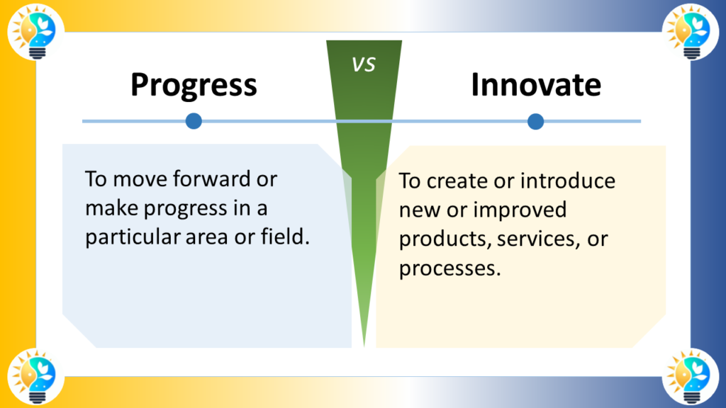 
The image is titled  “Progress vs Innovation”.

 It depicts the difference between progress and innovation.

The left side of the image displays the word “Progress” in bold font. Below it, there’s a definition that reads: “To move forward or make progress in a particular area or field.”

The right side of the image displays the word “Innovate” in bold font. Below it, there’s a definition that reads: “To create or introduce new or improved products, services, or processes.”

In essence, progress is about making gradual improvements within an existing system, whereas innovation is about creating something entirely new.