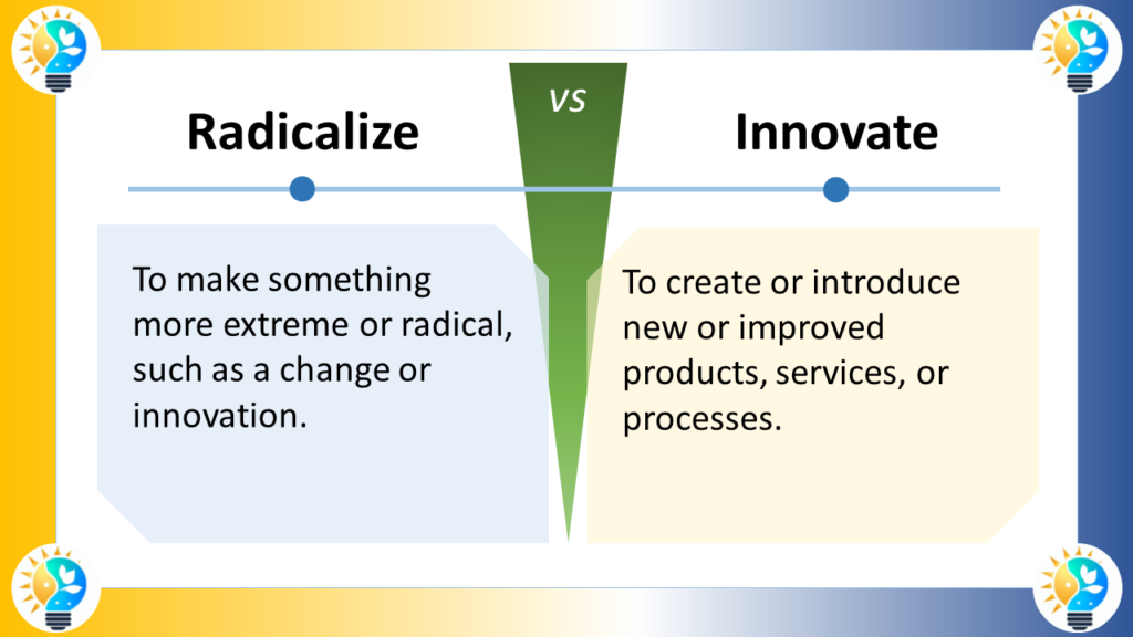 The image is titled "Radicalize VS Innovate" [Innovations 4 EU ON Innovations 4 EU innovations4.eu]. It compares and contrasts the concepts of radicalization and innovation.

Here's a graphical description:

The left side of the image displays the word "Radicalize" in bold font. Below it, there's a definition that reads: "To make something more extreme or radical, such as a change or innovation."
The right side of the image displays the word "Innovate" in bold font. Below it, there's a definition that reads: "To create or introduce new or improved products, services, or processes."
Visually, the image doesn't use any elements besides text to differentiate between the two concepts.