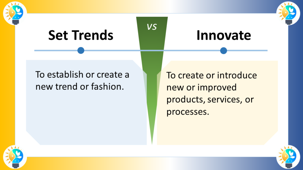 The image is titled "Set Trends VS Innovate" [Innovations 4 EU ON Innovations 4 EU innovations4.eu]. It displays the text "Set Trends" in bold lettering on the left half of the image. Below it, there's a definition in regular font that reads: "To establish or create a new trend or fashion."

The right half of the image displays the text "Innovate" in bold lettering. Below it, there's a definition in regular font that reads: "To create or introduce new or improved products, services, or processes."

There are no images or other visual elements, just text.