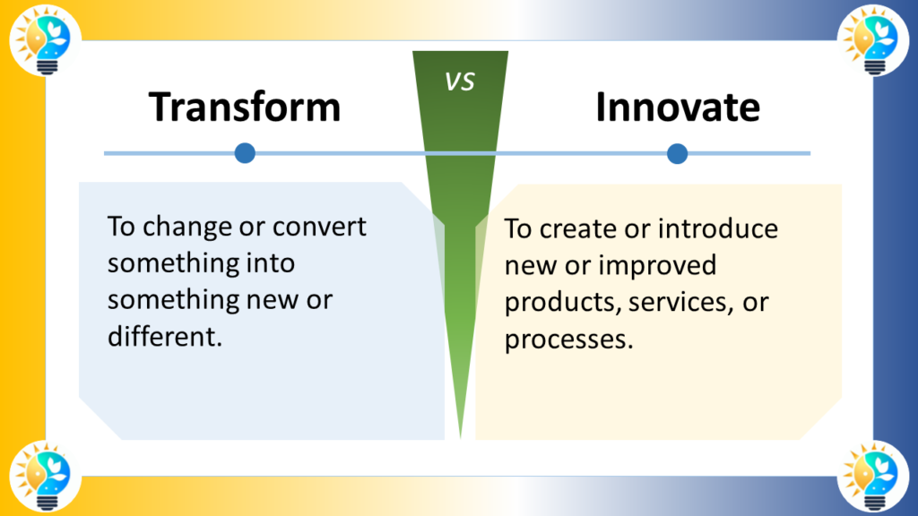 The image you sent is titled "Transform VS Innovate" [Innovations 4 EU ON Innovations 4 EU innovations4.eu]. It displays two columns of text separated by a vertical line in the center.

The left column has the word "Transform" written in bold font at the top. Below it, there's a definition in regular font that reads: "To change or convert something into something new or different."
The right column has the word "Innovate" written in bold font at the top. Below it, there's a definition in regular font that reads: "To create or introduce new or improved products, services, or processes."
There are no images or other visual elements, just text.