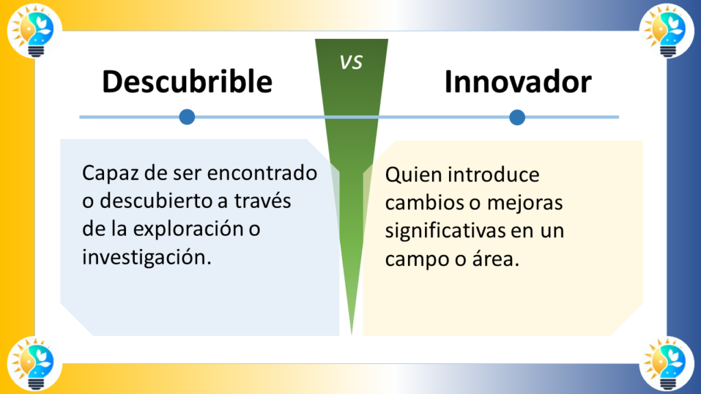 La imagen compara dos conceptos: "Descubrible" e "Innovador" en español. Está dividida en dos secciones con un "VS" (versus) central que indica una comparación.

### Descubrible
- **Definición**: "Capaz de ser encontrado o descubierto a través de la exploración o investigación."
- **Significado**: Algo que puede ser hallado o revelado mediante la exploración o investigación.

### Innovador
- **Definición**: "Quien introduce cambios o mejoras significativas en un campo o área."
- **Significado**: Alguien que implementa cambios o mejoras notables en un ámbito específico.

### Elementos de Diseño
- **Esquema de Colores**: 
  - La sección "Descubrible" tiene un fondo azul claro.
  - La sección "Innovador" tiene un fondo amarillo claro.
  - La sección central de versus es verde.
- **Iconos**: Ambos lados tienen un icono de bombilla, indicando ideas o creatividad.
- **Disposición**: 
  - La imagen está dividida horizontalmente en dos mitades.
  - Cada mitad contiene un título en la parte superior y una definición debajo.

La imagen distingue visualmente entre ser descubrible e innovador, resaltando la importancia y las diferencias de ambas cualidades.