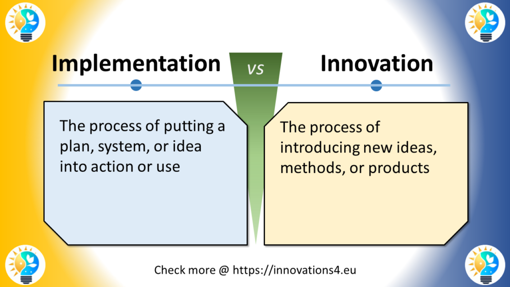 This image presents a comparison between "Implementation" and "Innovation" in English.

At the top, a horizontal line separates the two concepts, each marked by a small blue circle.
In the center, a green "VS" symbol divides the two sides.
On the left (in a light blue box):
"Implementation" is defined as "The process of putting a plan, system, or idea into action or use"

On the right (in a light yellow box):
"Innovation" is defined as "The process of introducing new ideas, methods, or products"

The background features a gradient from yellow on the left to blue on the right. In each corner, the characteristic logo depicting a lightbulb with yellow and blue elements is present.

At the bottom of the slide, it reads: "Check more @ https://innovations4.eu"

This slide highlights the difference between implementation, which focuses on executing existing plans or ideas, and innovation, which involves introducing new concepts. It illustrates how these two processes, while distinct, are both crucial in the development and realization of ideas in business or technology. Implementation can be seen as a step that often follows innovation, putting new ideas into practice.