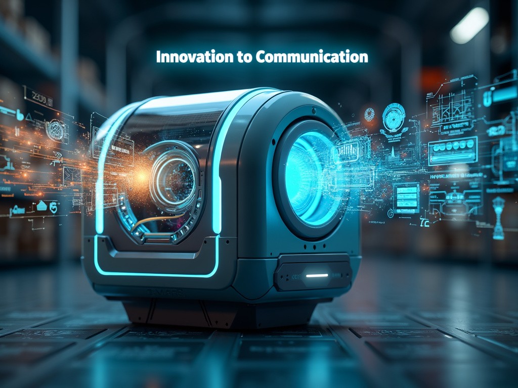 Futuristic machine converting technical diagrams into simple infographics